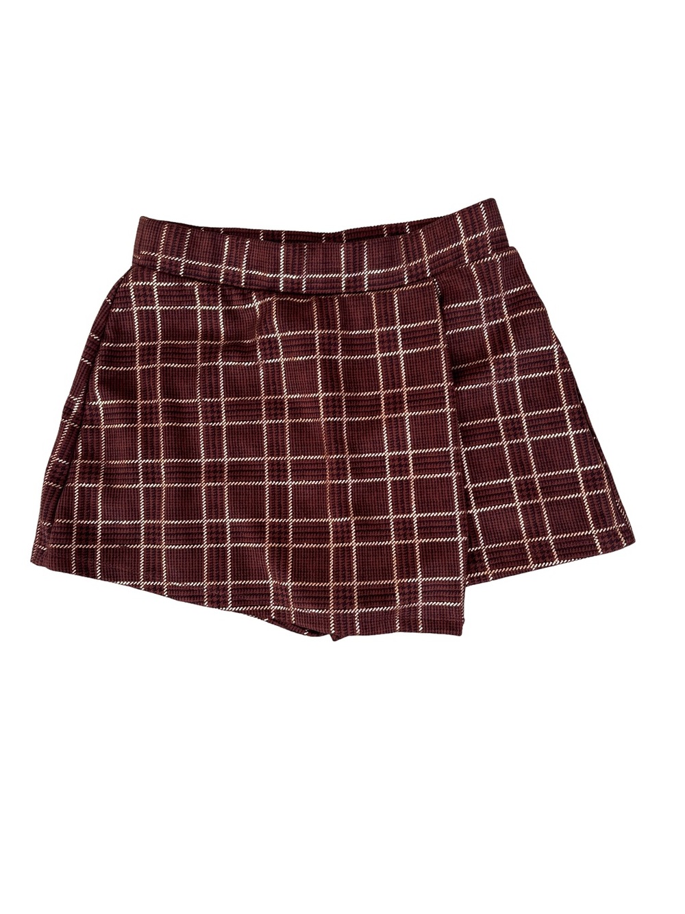 Iris Brown Plaid Asymmetrical Wrap Front Mini Skort